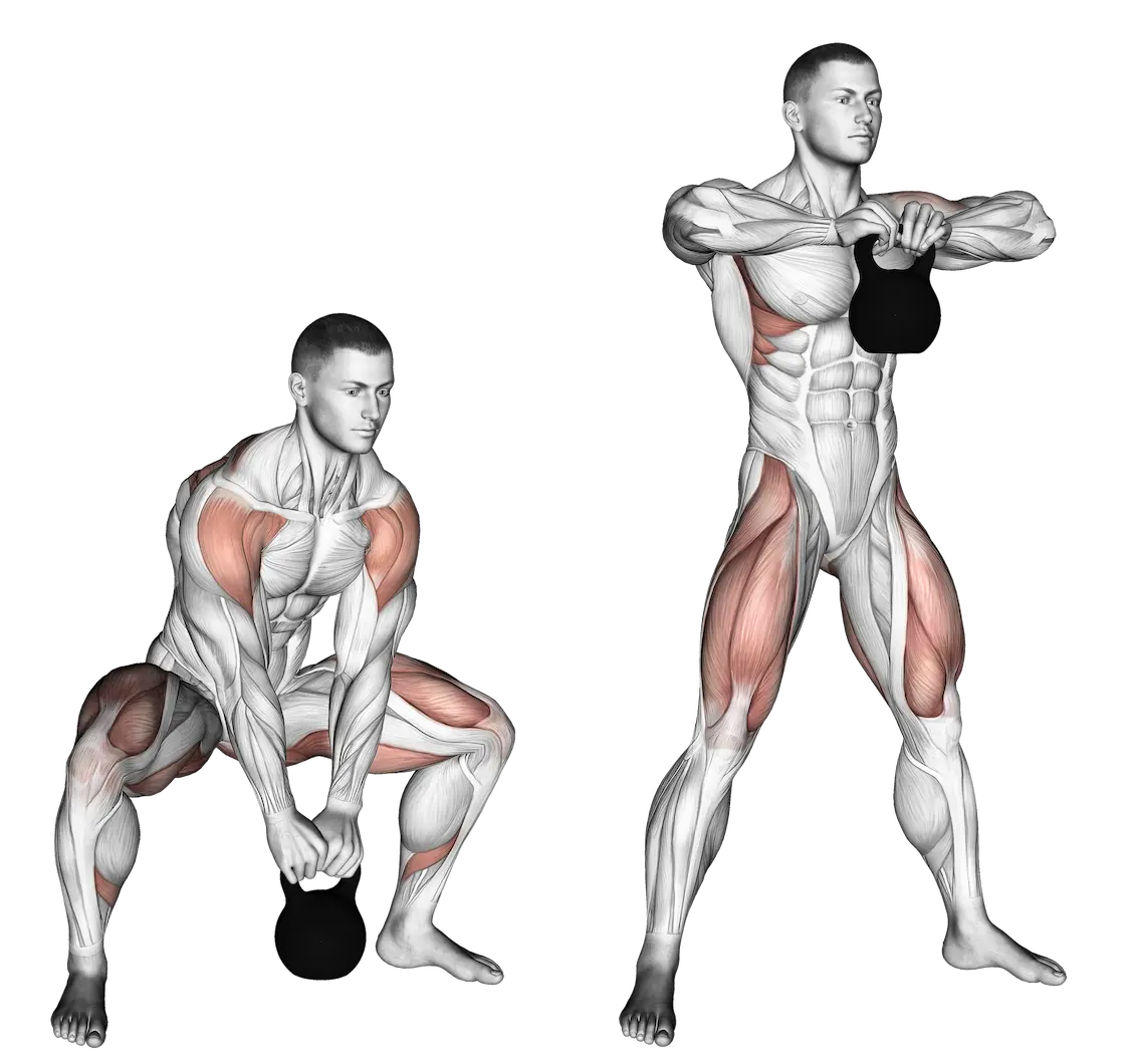 Sumo High Pull kettlebell en position haute avec coudes au-dessus des poignets.