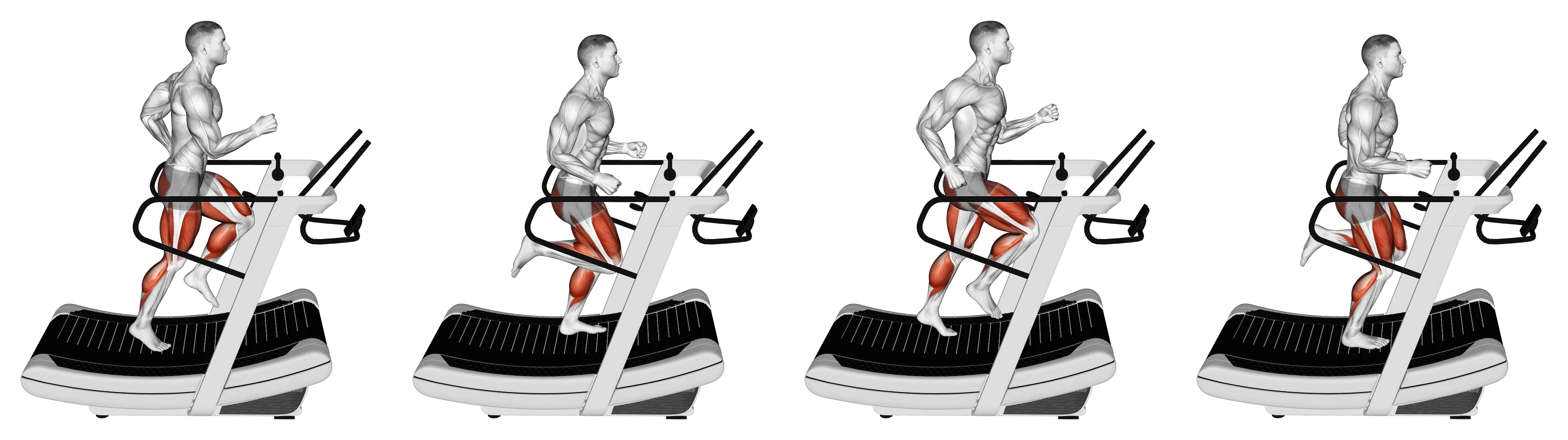 Séquence de sprint sur tapis courbe type Assault Runner, homme en vue latérale montrant la foulée complète.