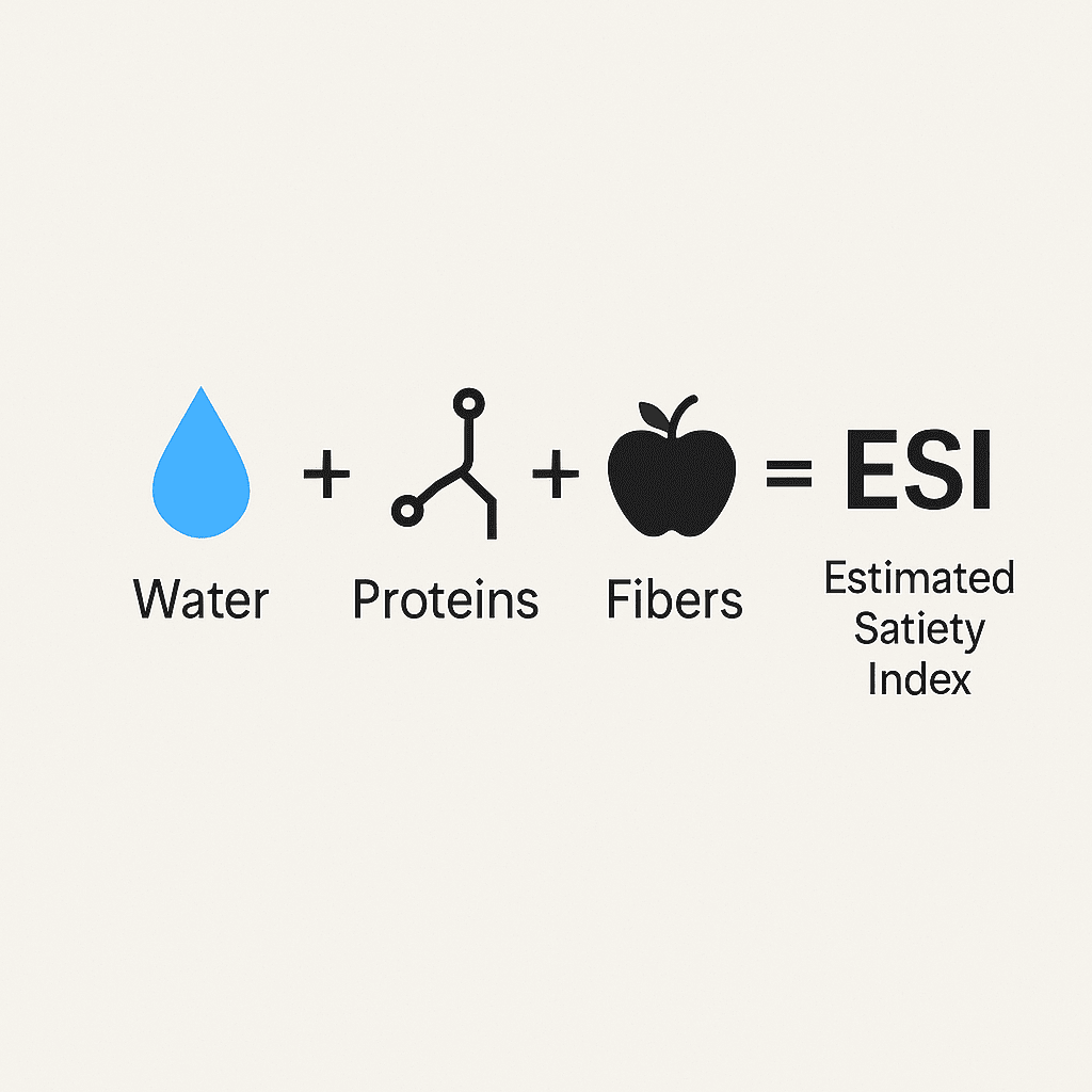 Illustration of the Estimated Satiety Index (ISE) formula: water + protein + fiber = ISE.