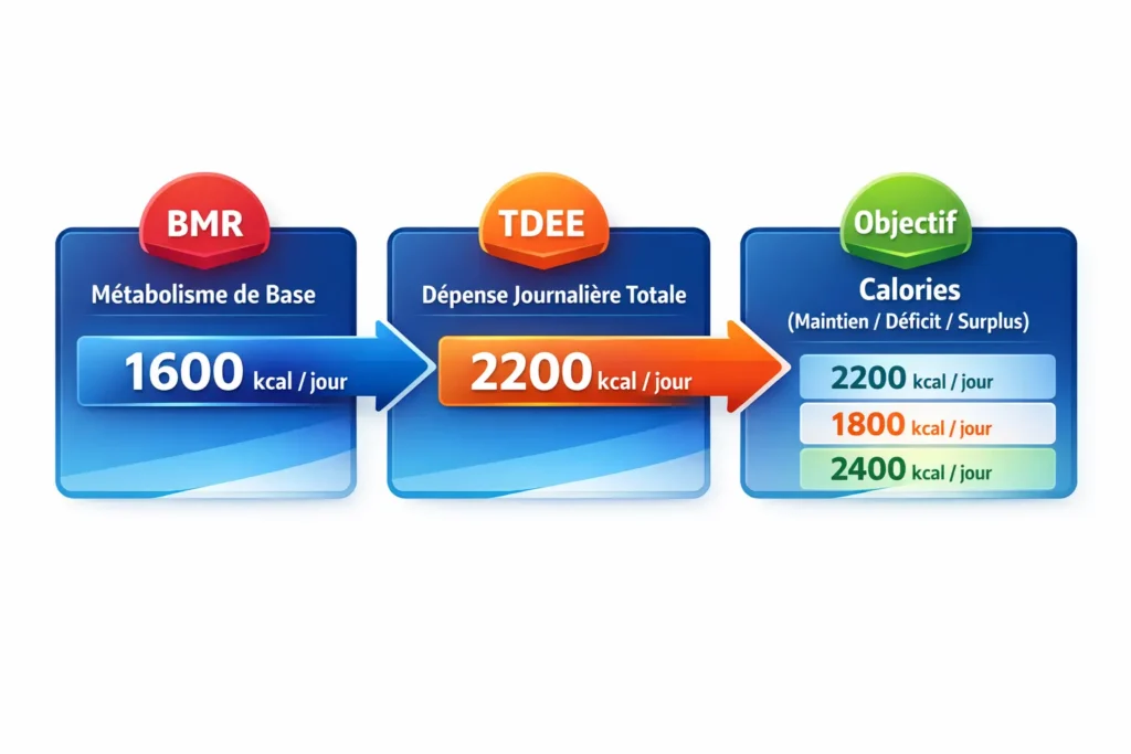 Schéma explicatif du calcul énergétique : du métabolisme de base (BMR) à la dépense journalière totale (TDEE), puis à l’objectif calorique personnalisé (maintien, déficit ou surplus), avec des valeurs indicatives en kcal par jour.