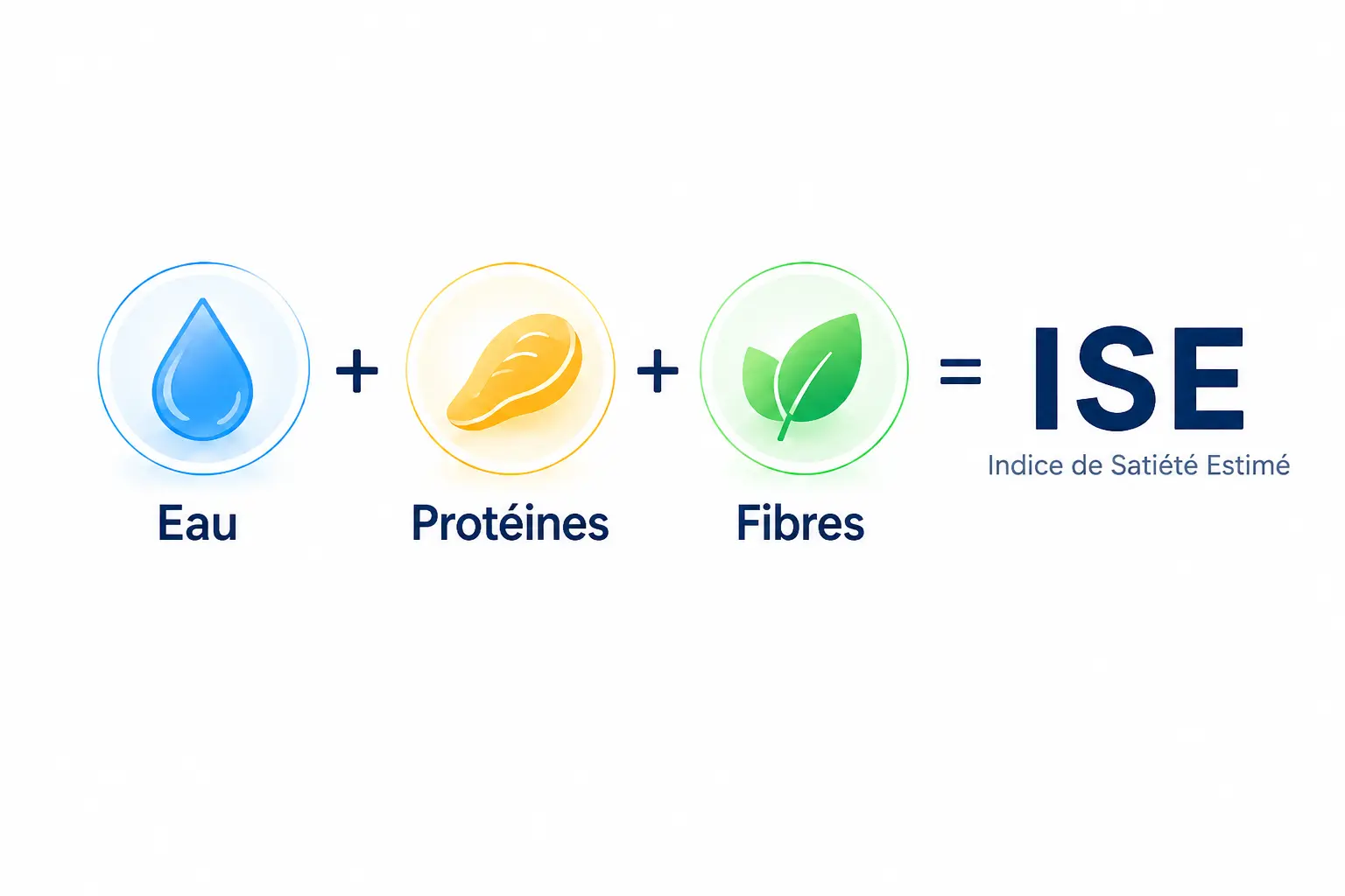 Illustration de la formule de l’Indice de Satiété Estimé : eau + protéines + fibres = ISE.