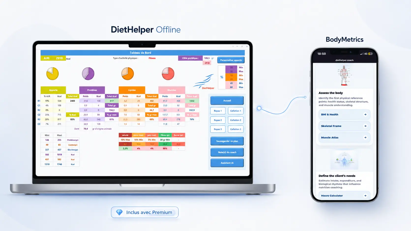 DietHelper Offline sur PC connecté à BodyMetrics sur mobile