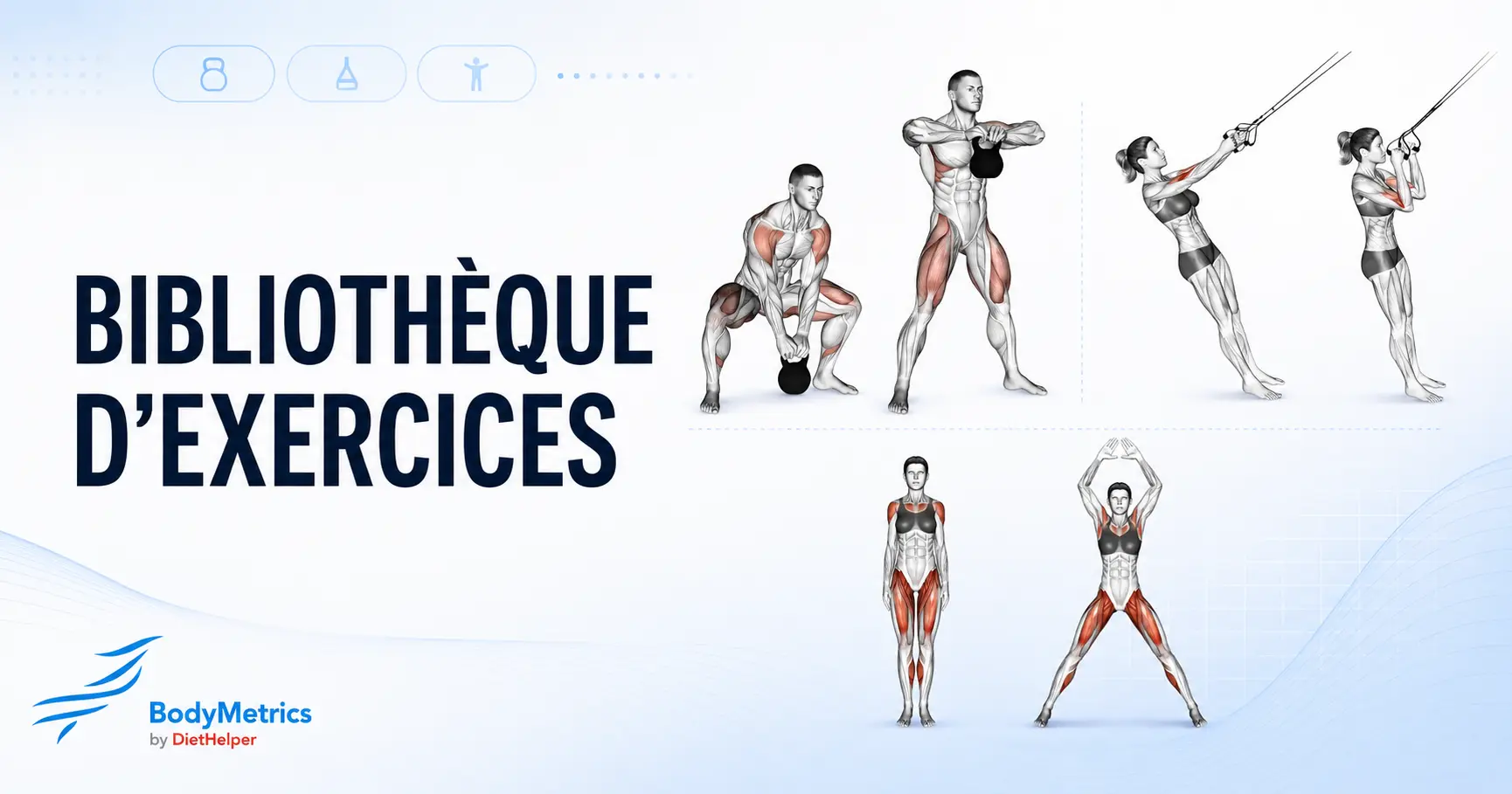 Bibliothèque BodyMetrics avec recherche et fiches d’exercices